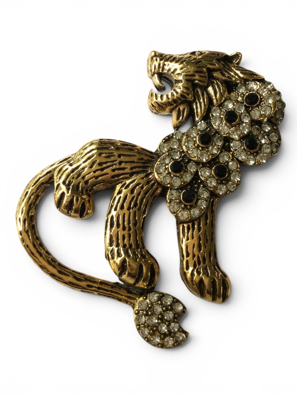 Fierce Gold‑Tone Lion Brooch • Rhinestone Mane • Statement Pin - Picture 6 of 10